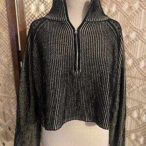 Zenana Half Zip Two Tone Ribbed Black and White Sweater Semi Cropped